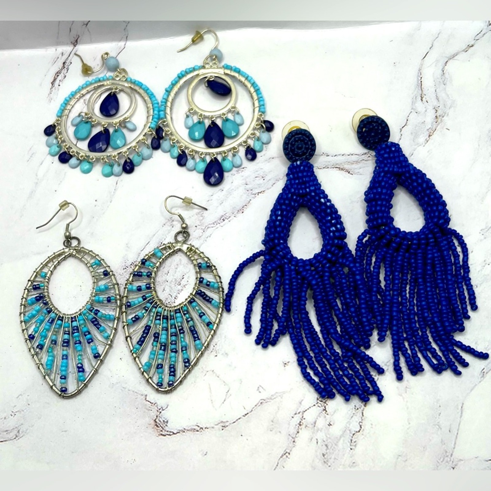Boho Earring Set: Blue And White Beaded, 3 Pairs